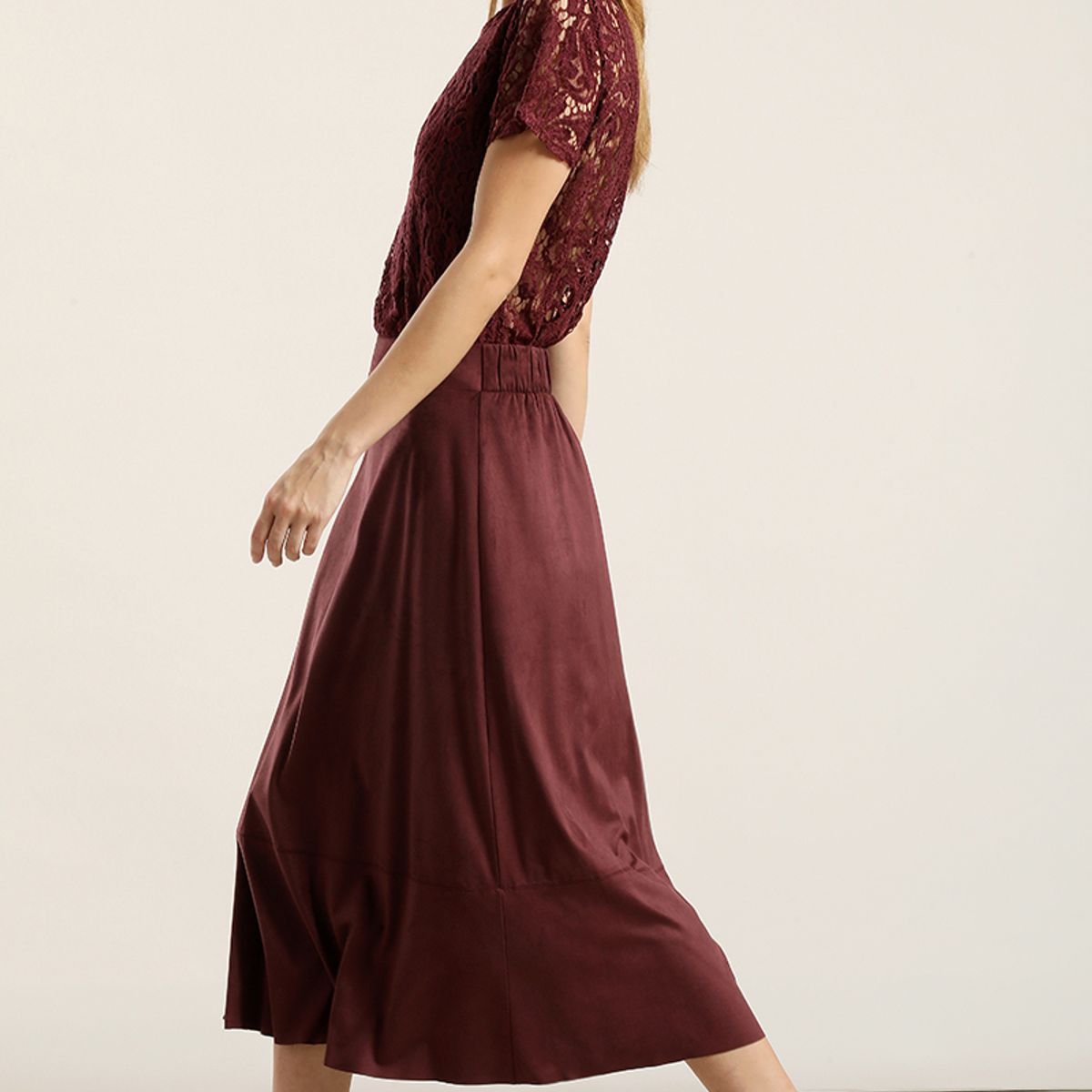 LIOLA - Falda larga, suede, burdeo Liola