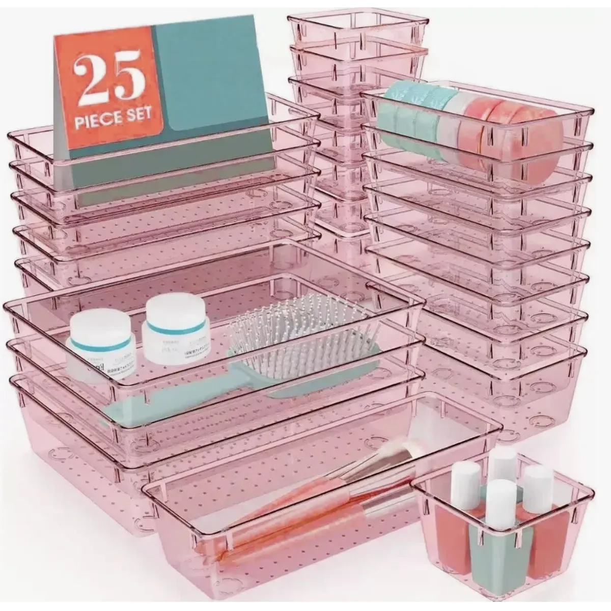 GENERICO - Set 25 Organizadores Para Cajón Escritorio Cocina Baño Rosa