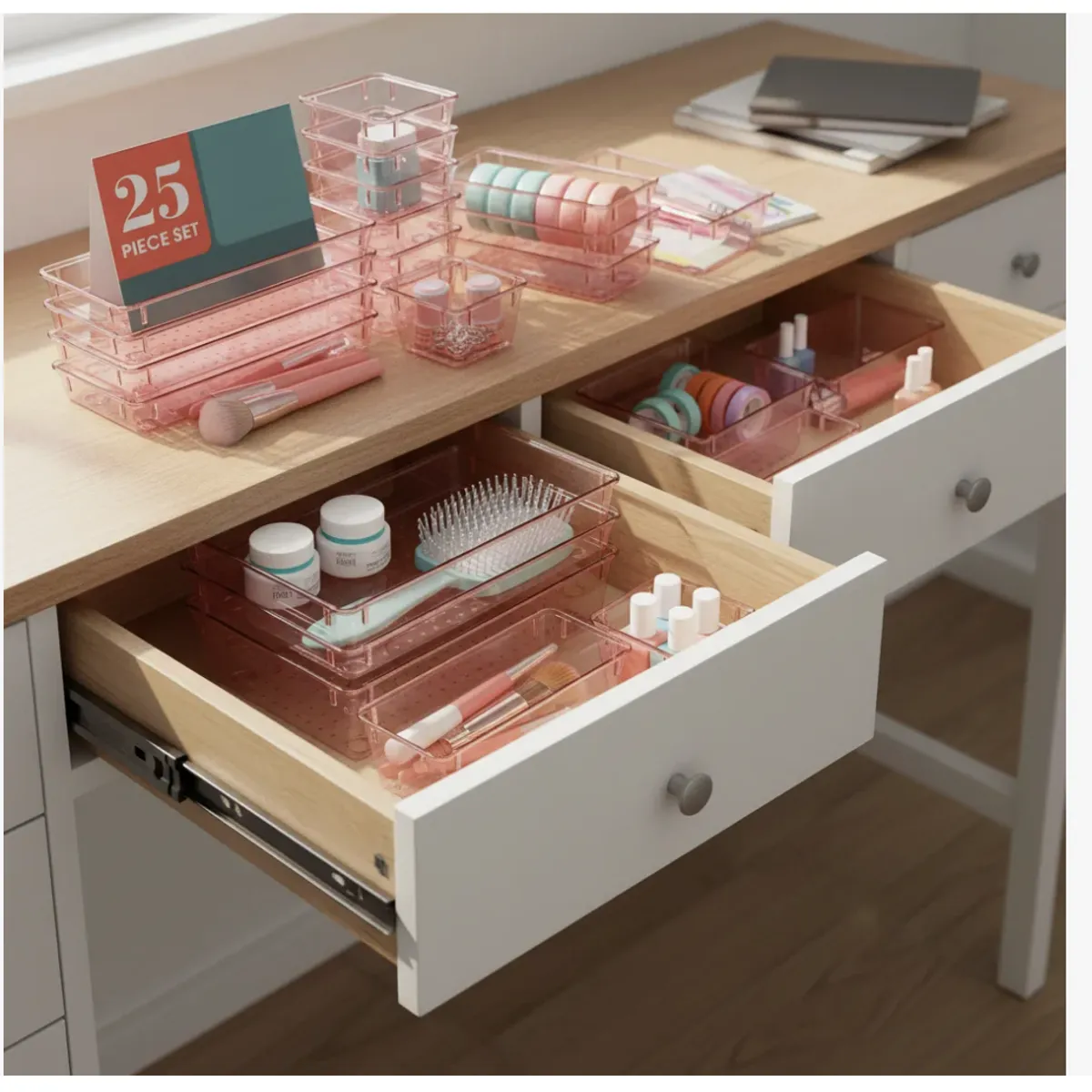 GENERICO - Set 25 Organizadores Para Cajón Escritorio Cocina Baño Rosa