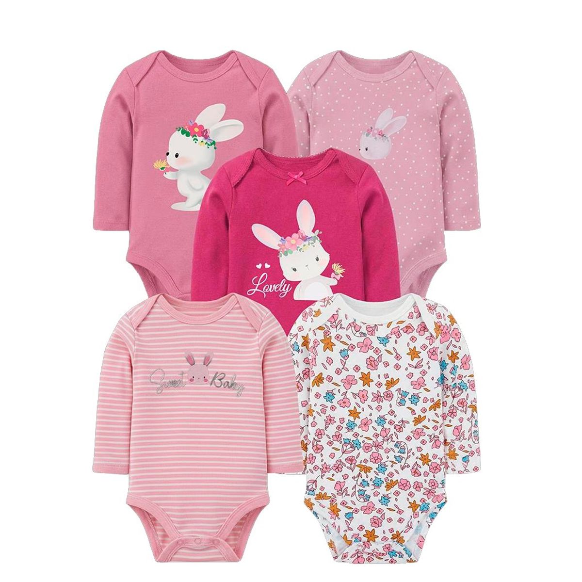TEDMIMAK - bodys manga larga pack  5 unidades  conejo  fucsia