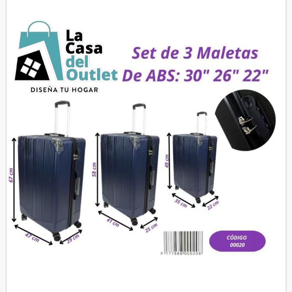 GENERICO - Set de Maletas Rígidas ABS 3 Piezas 30” 26” 22” Spinner 360° Alta Resistencia