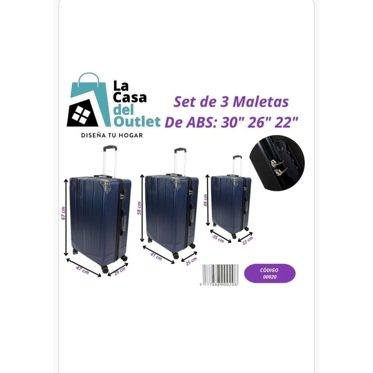 GENERICO - Set de Maletas Rígidas ABS 3 Piezas 30” 26” 22” Spinner 360° Alta Resistencia