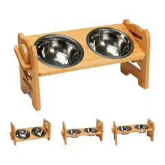 OFERTABKN - Comedero Bebedero Elevado Ajustable De Bambu Perros Y Gatos