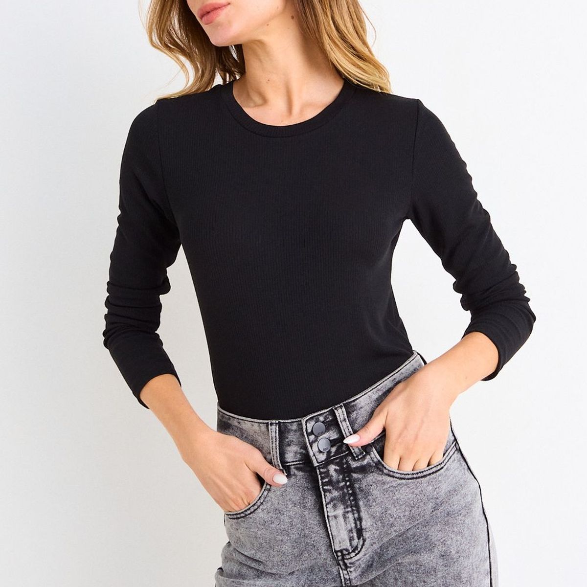ASH - Polera Lisa Manga Larga Mujer Negro Ash