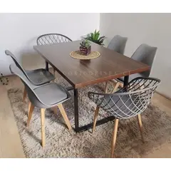 CORI CORI - Comedor Industrial 140x90cm Madera Oscura + 4 Sillas Tulip + 2 Butacas Mesh