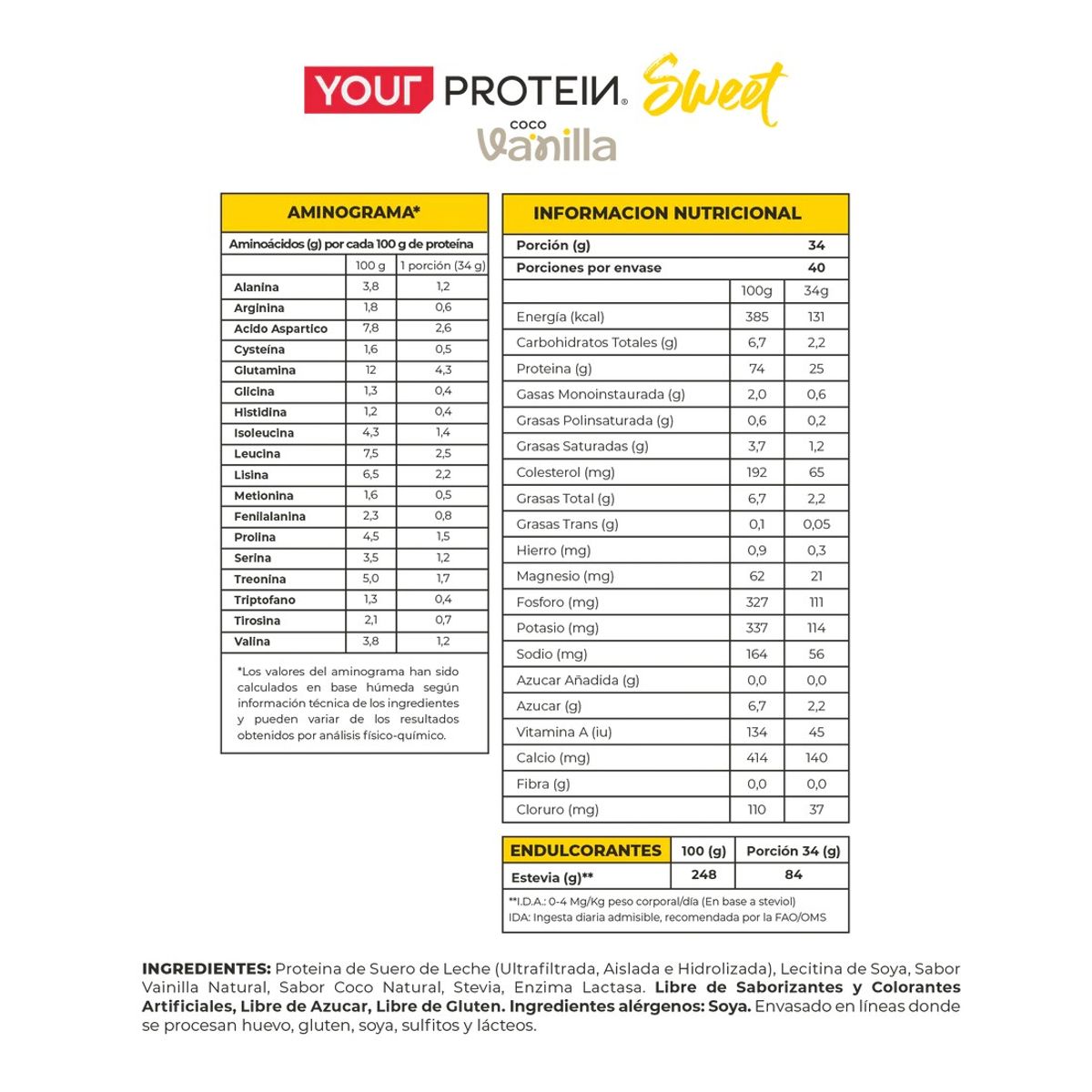 YOUR PROTEIN - PROTEINA WHEY COCO VAINILLA 2.8LB 1.28KG - YOUR PROTEIN