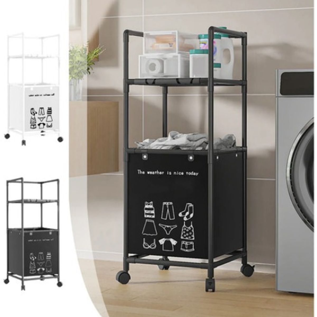 GENERICO - Canasto Cesto Ropa Sucia Ruedas Estante Lavanderia Hogar Negro - 300093