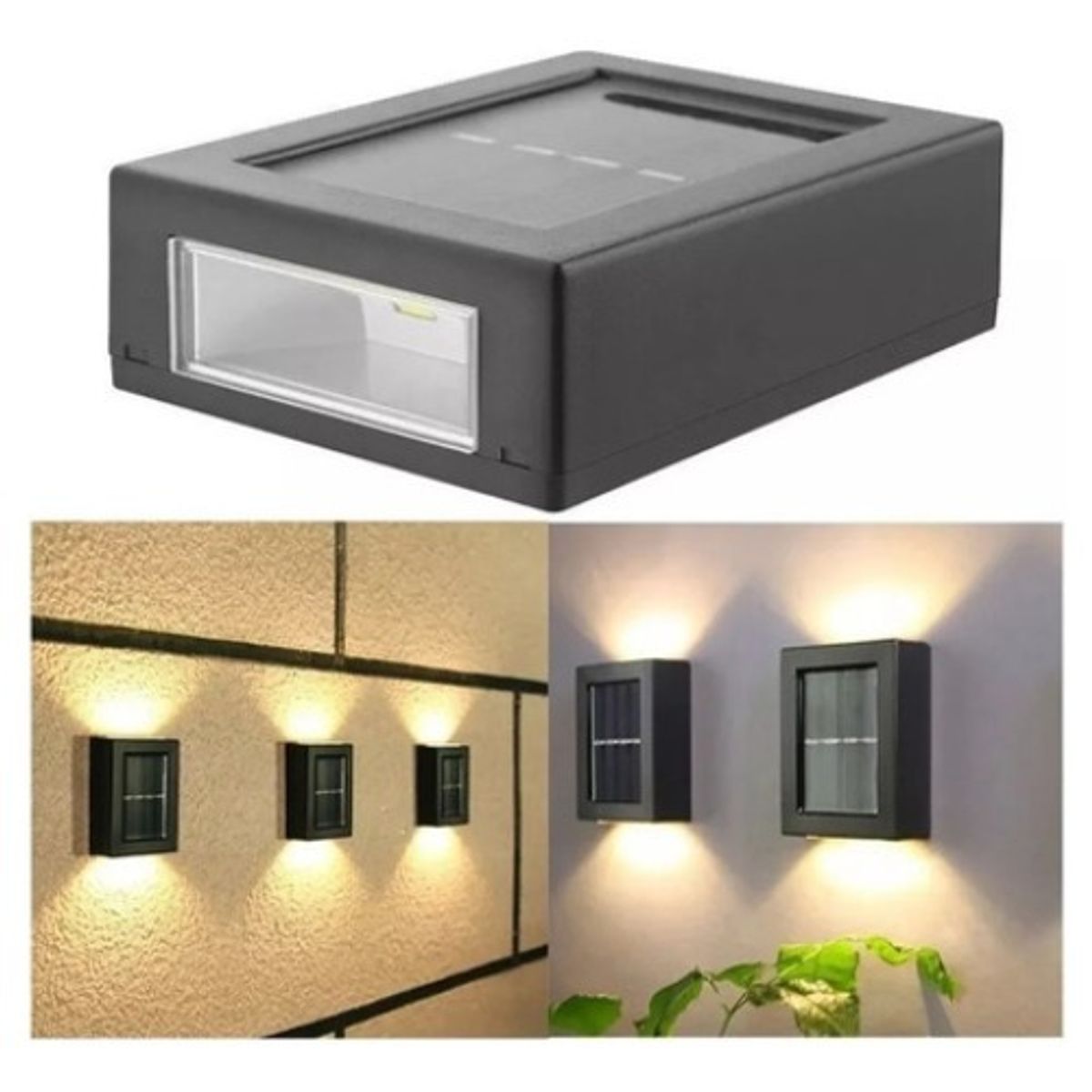 GENERICO - Pack 2 Foco Luz Aplique Solar Led Pared Exterior Luz Fria Negro