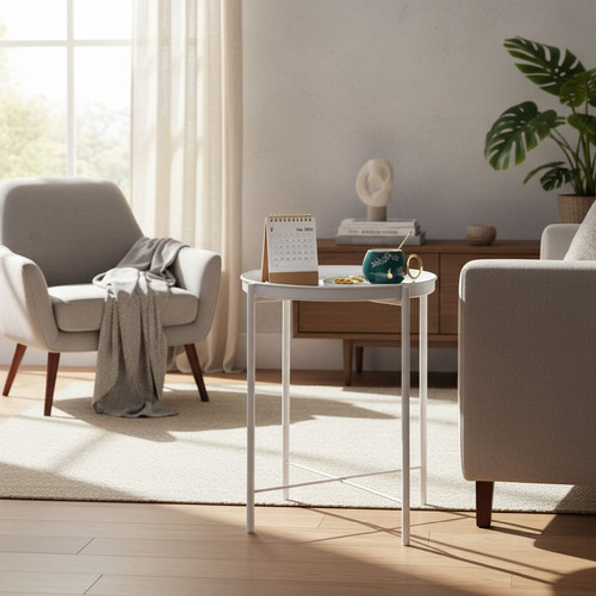 GENERICO - Mesa Auxiliar Metálica Plegable Redonda Blanca Portatil Blanco - 262531