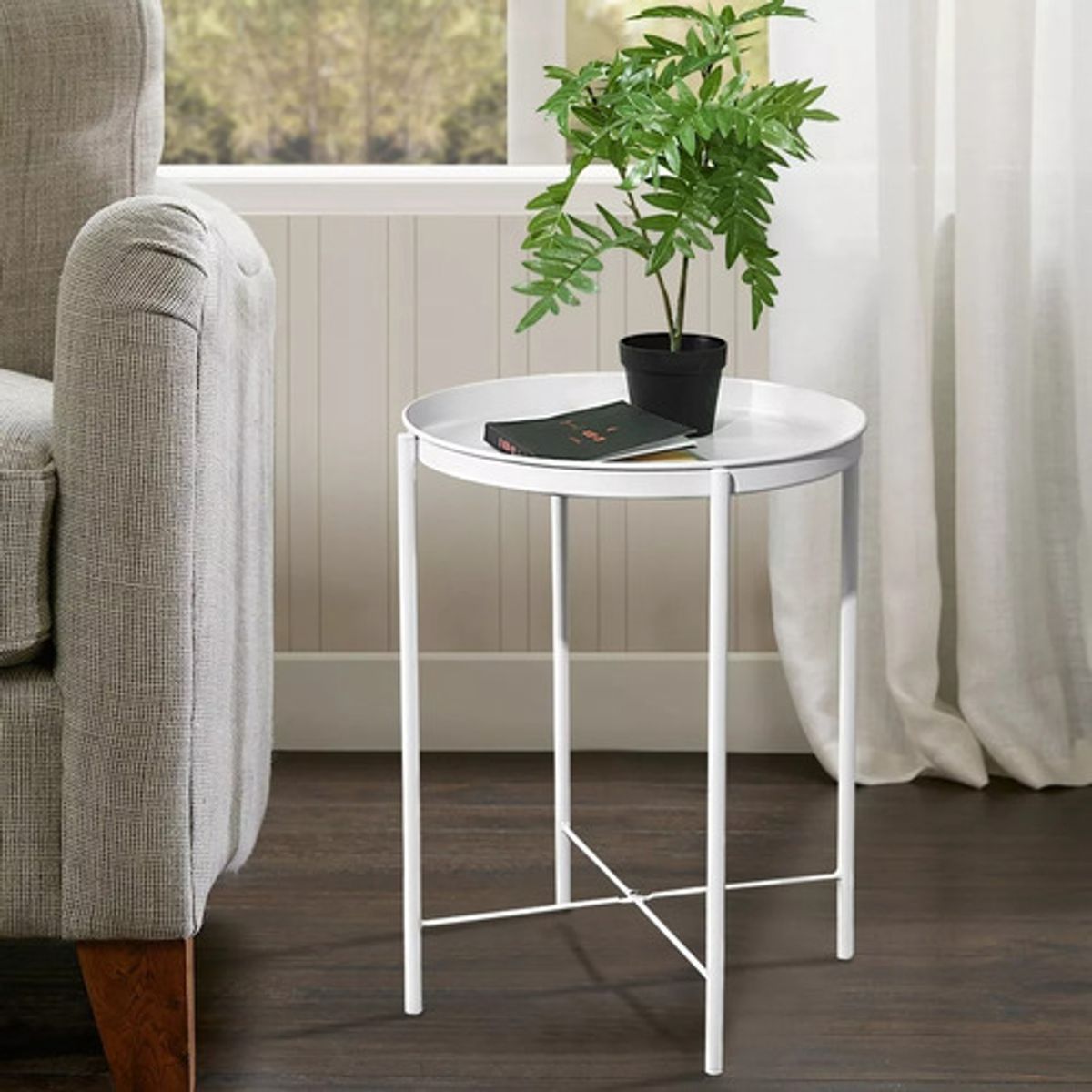 GENERICO - Mesa Auxiliar Metálica Plegable Redonda Blanca Portatil Blanco - 262531