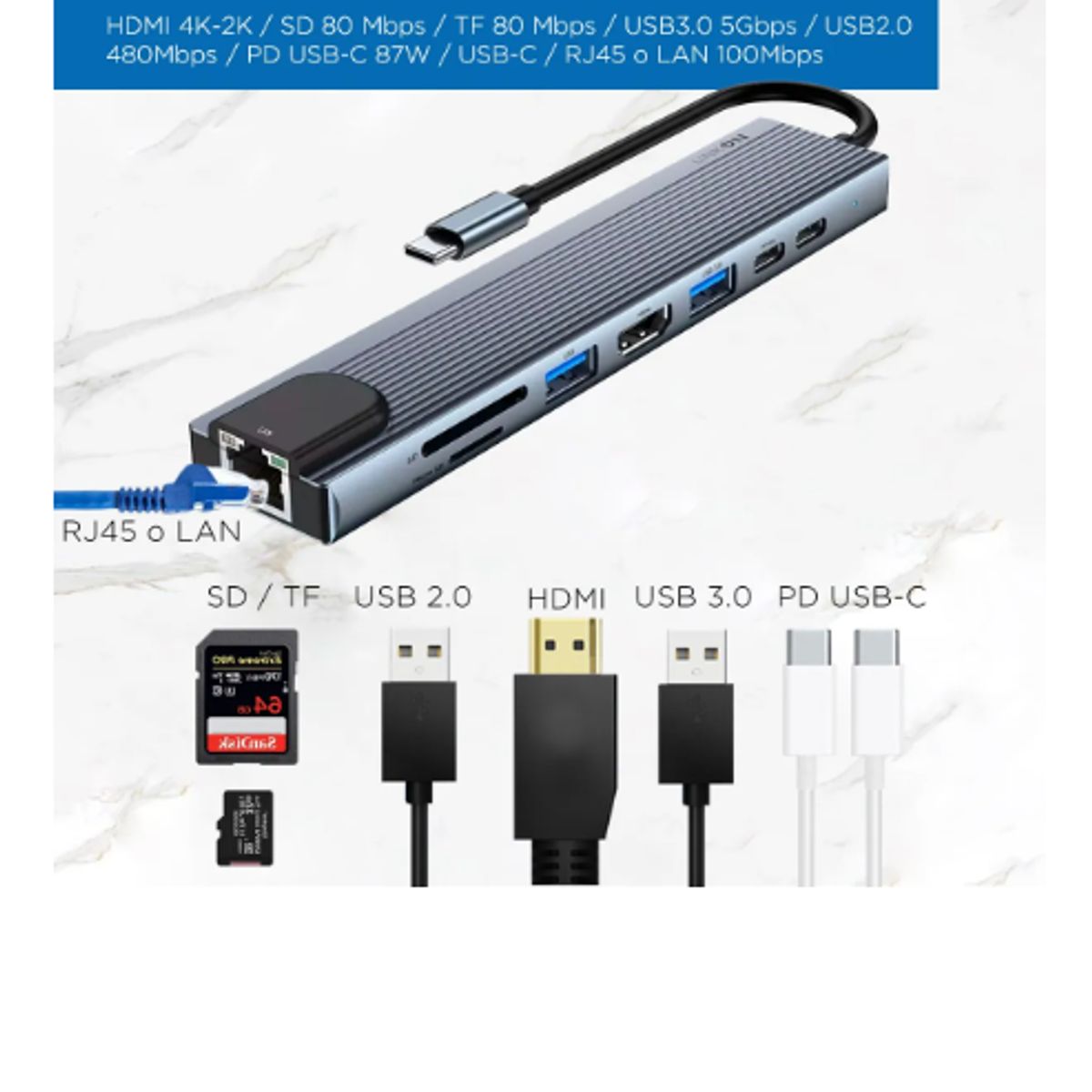 GENERICO - Hub Adaptador Usb Tipo C 8 En 1 Macbook Windows