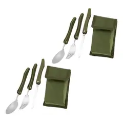 GENERICO - Set X2 Cubierto Camping Set Servicio 3piezas+estuche Camping Verde