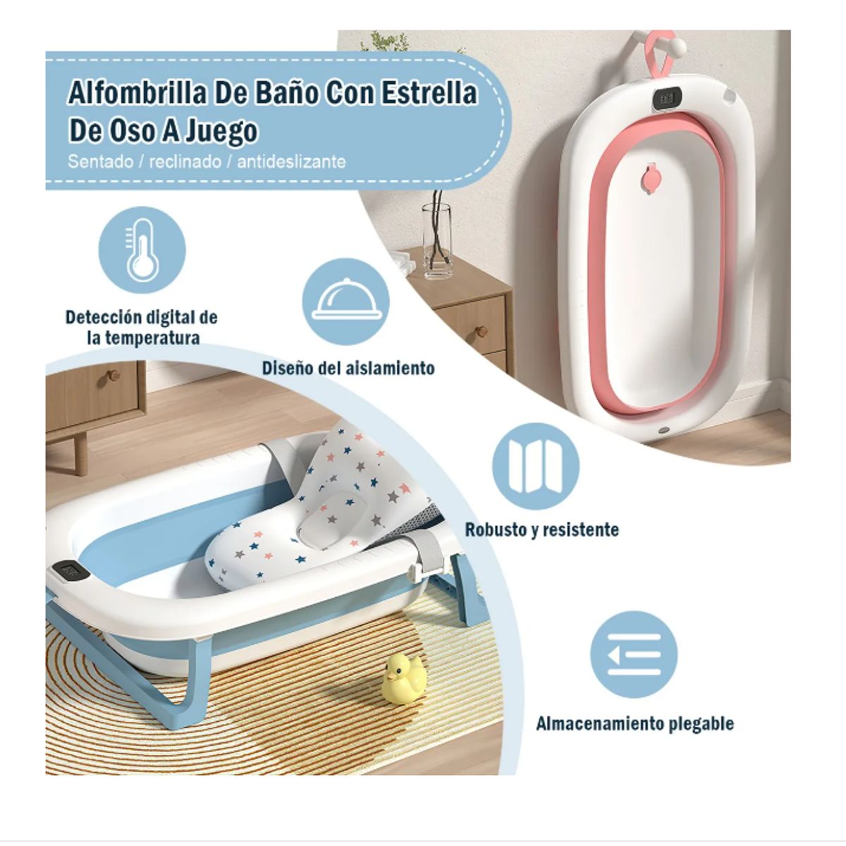 GENERICO - Tina Bebe Bañera Plegable Con Termometro + Cojin Suave Baño