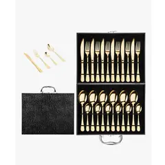 GENERICO - Set 24 Piezas Cuchillería Cubiertos De Lujo Maleta Color Maleta Negra- Cubierto Dorado