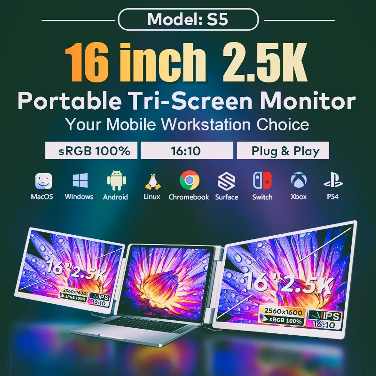 GENERICO - Monitor Portátil Doble Pantalla 16 Pulgadas 2.5 K Qhd Resolución 2560x1600px. Ratio 16:10
