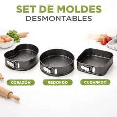 GENERICO - Set 3 Moldes Desmontables Antiadherentes Redondo Corazón Cuadrado