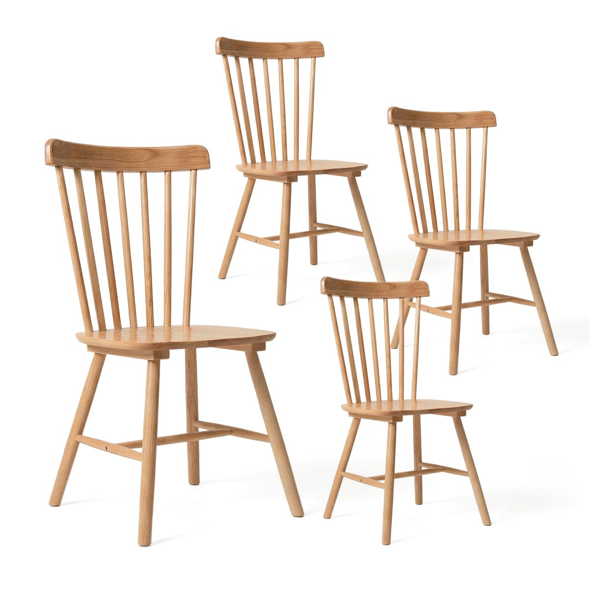 VENHOOUSE - Pack 4 Sillas Comedor Madera Maciza Windsor Estilo Nórdico Natural