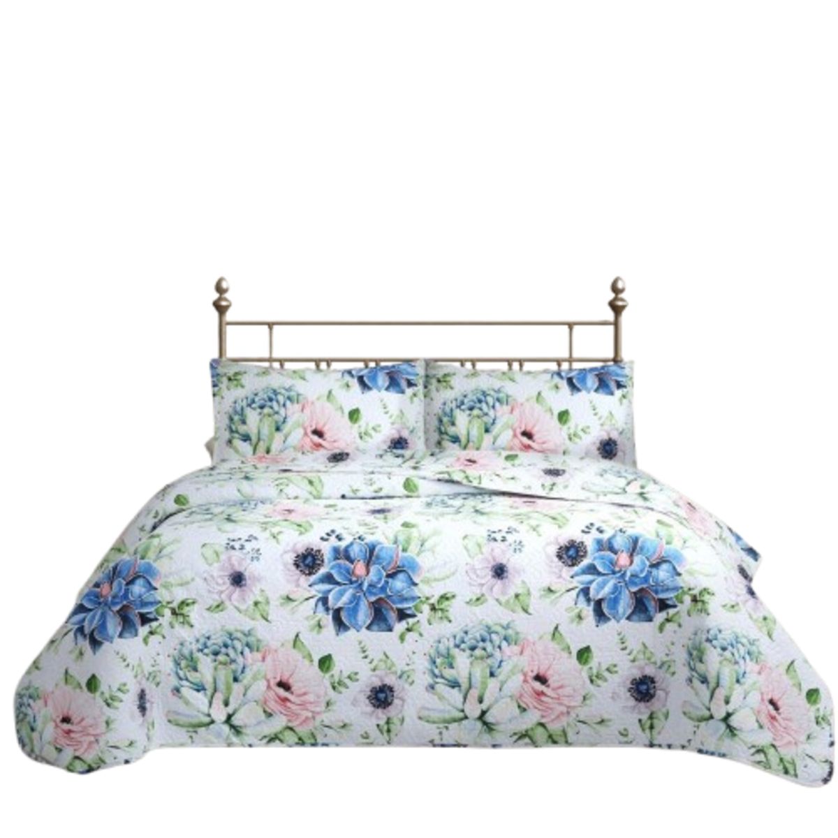 GENERICO - CUBRECAMA QUILT REVERSIBLE 1,5 PLAZAS ESTAMPADO SUCULENTA - FLOWERS COLLECTION MARTINÉ