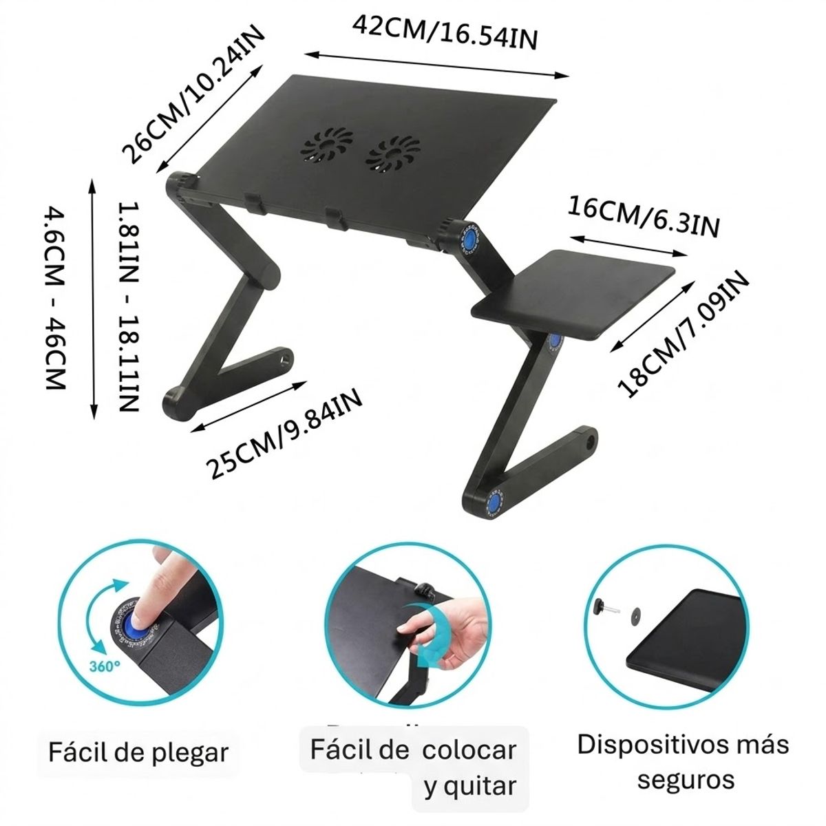 MOVI - Mesa Para Notebook Ajustable 360 Cama Sillón Con Ventilador Y Mousepad