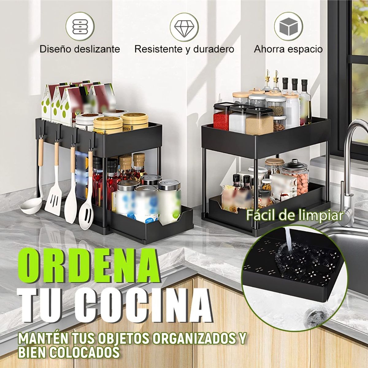 GENERICO - Organizador Bajo CocinaY BañoY Hogar Corredero 2Nivele Negro