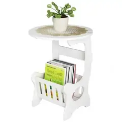 GENERICO - Mesa Auxiliar Redonda Blanca con Cesta Inferior Organizadora Nueva