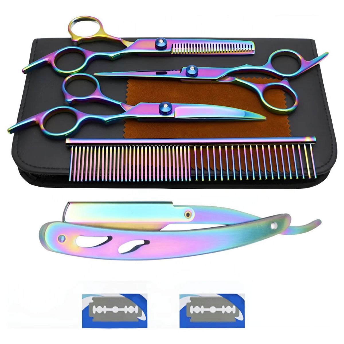KUANGYE - Set Tijeras Para Corte De Pelo Filo Navaja + Peine Y Estuche Con Estuche