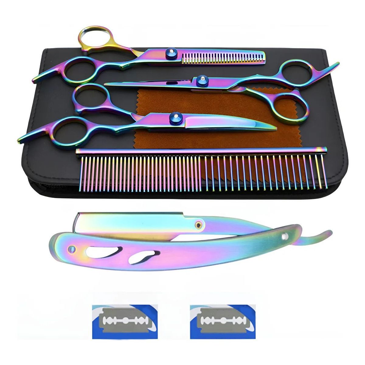 KUANGYE - Set Tijeras Para Corte De Pelo Filo Navaja + Peine Y Estuche Con Estuche
