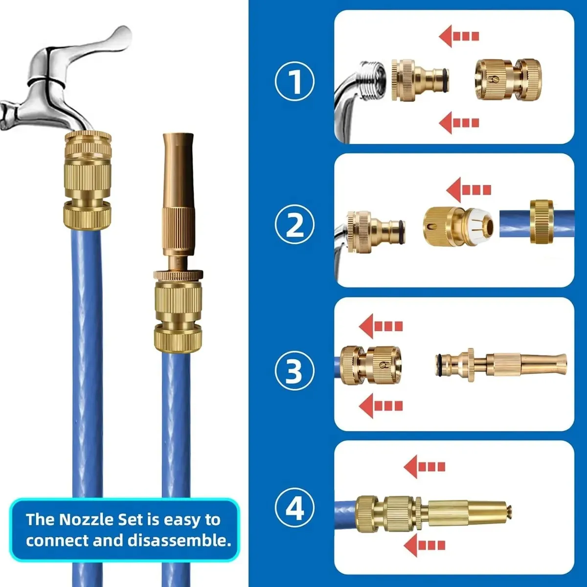 KUANGYE - Kit Conector Y Pistola Riego Pitón Para Manguera 12 Bronce