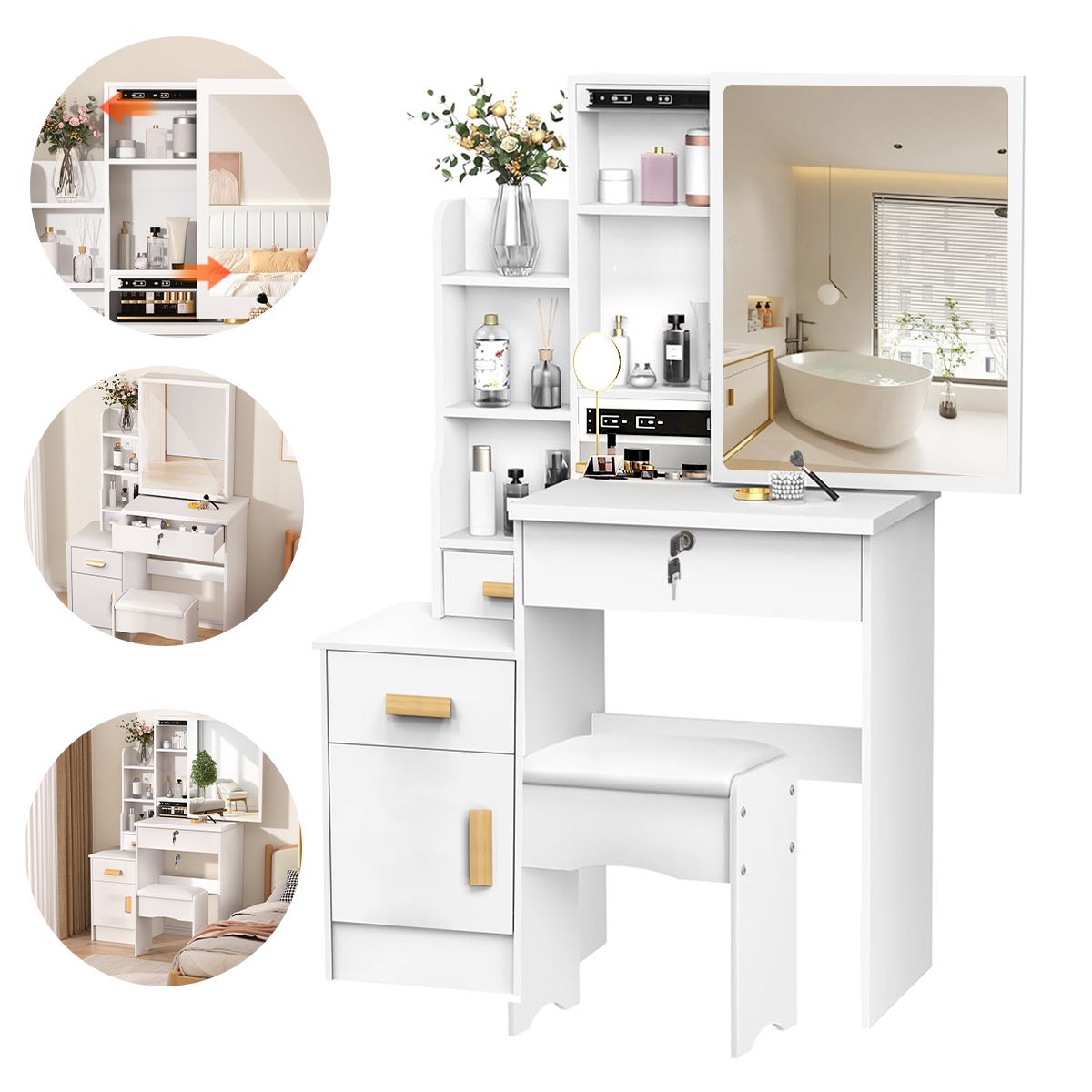 UENMI - Tocador Con Espejo Movible Estantes Múltiples Blanco Moderno
