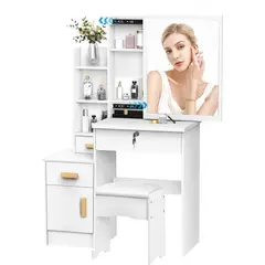 UENMI - Tocador Con Espejo Movible Estantes Múltiples Blanco Moderno