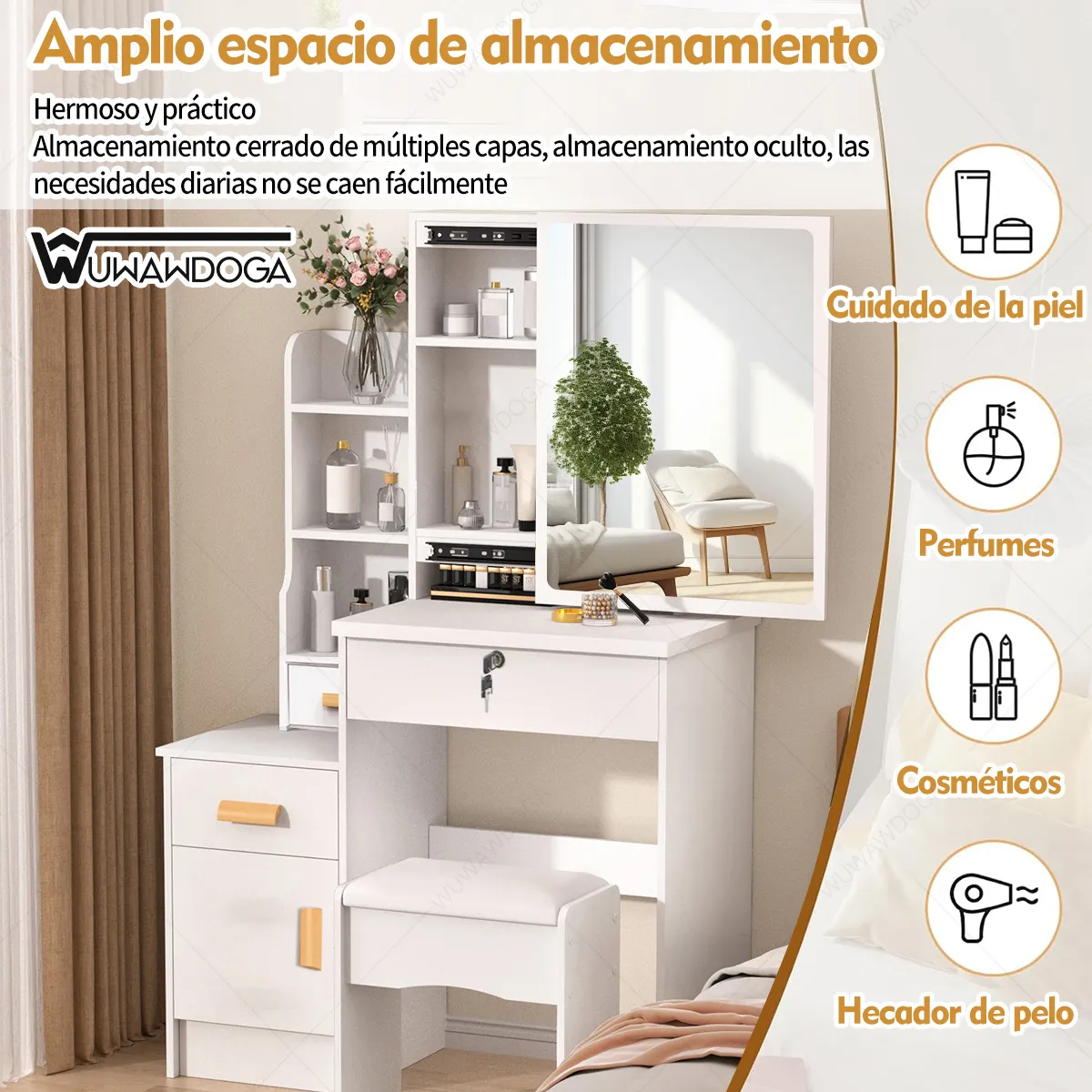 UENMI - Tocador Con Espejo Movible Estantes Múltiples Blanco Moderno