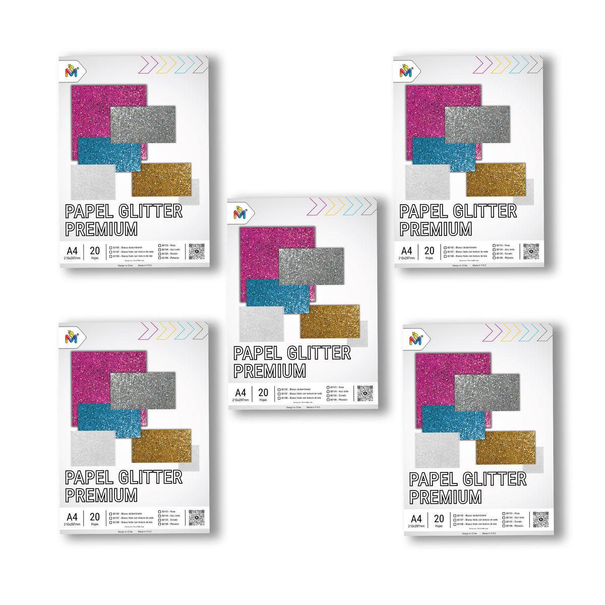 MALIK - 5x Papel Glitter A4 Celeste - 100 Hojas Brillo Especial