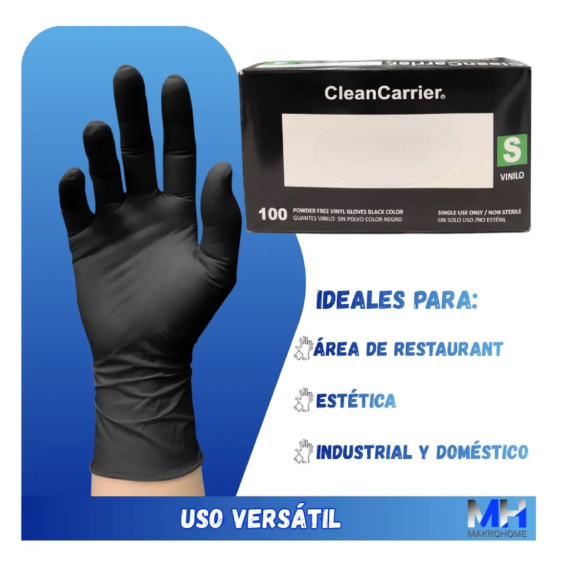 CLEANCARRIER - Guantes Vinilo Negro Sin Polvo 100uds Estilo Y Bioseguridad Talla S