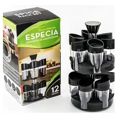 GENERICO - Especiero Giratorio 2 Niveles + Set 12 Piezas Condimenteros Negro