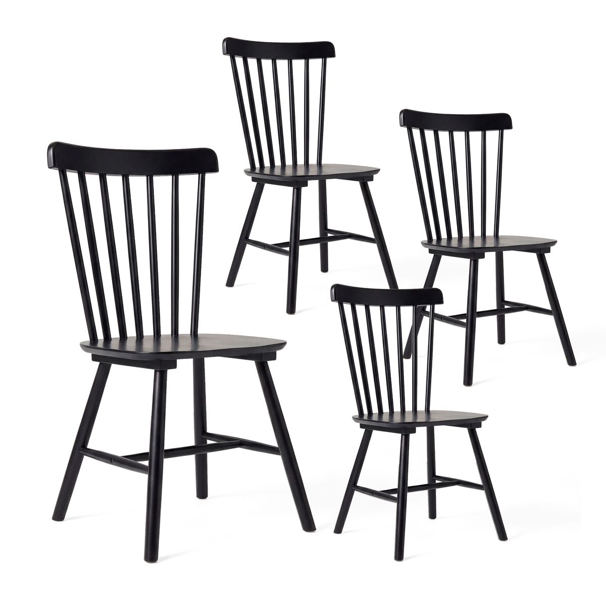 VENHOOUSE - Pack 4 Sillas Comedor Madera Maciza Windsor Estilo Nórdico Negra