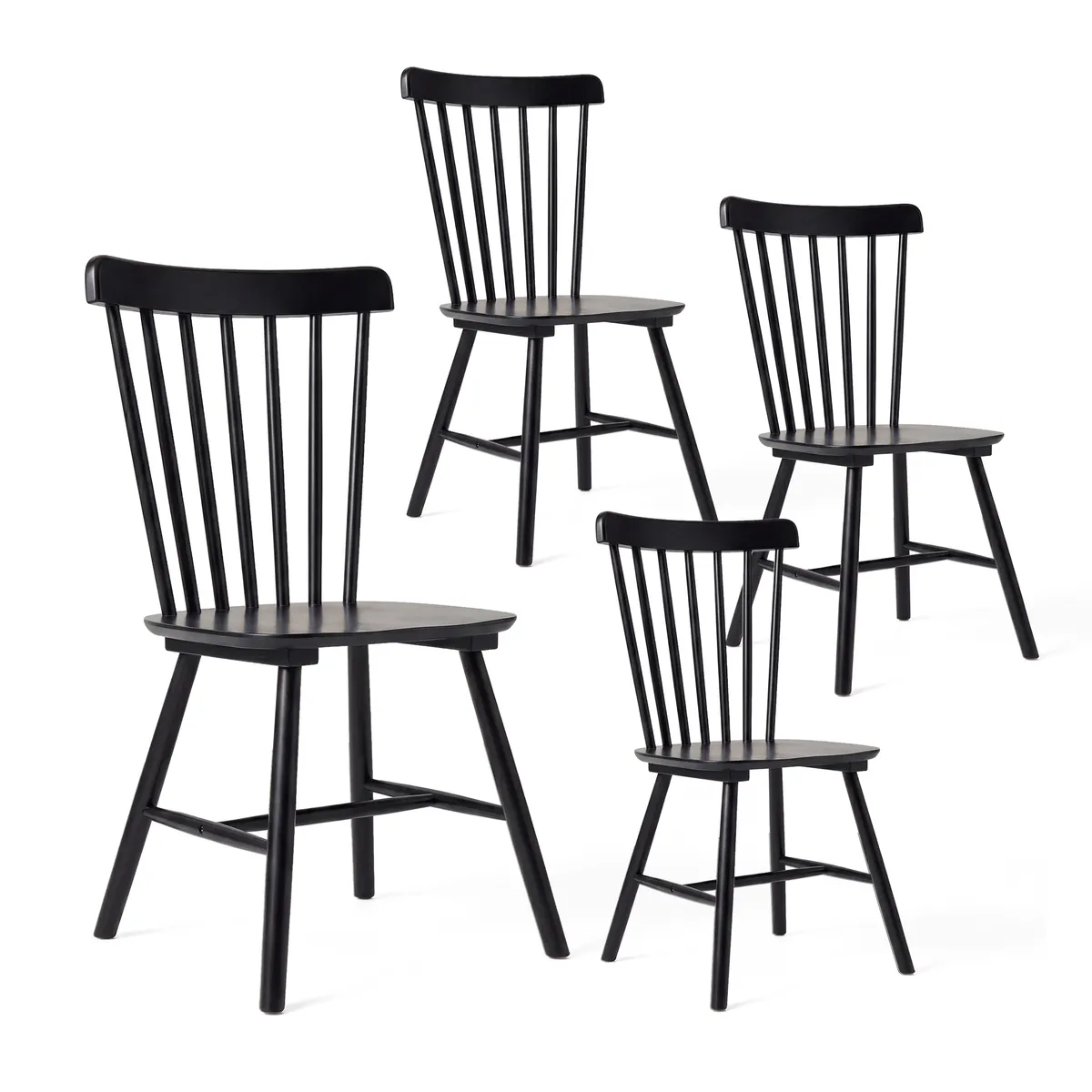VENHOOUSE - Pack 4 Sillas Comedor Madera Maciza Windsor Estilo Nórdico Negra