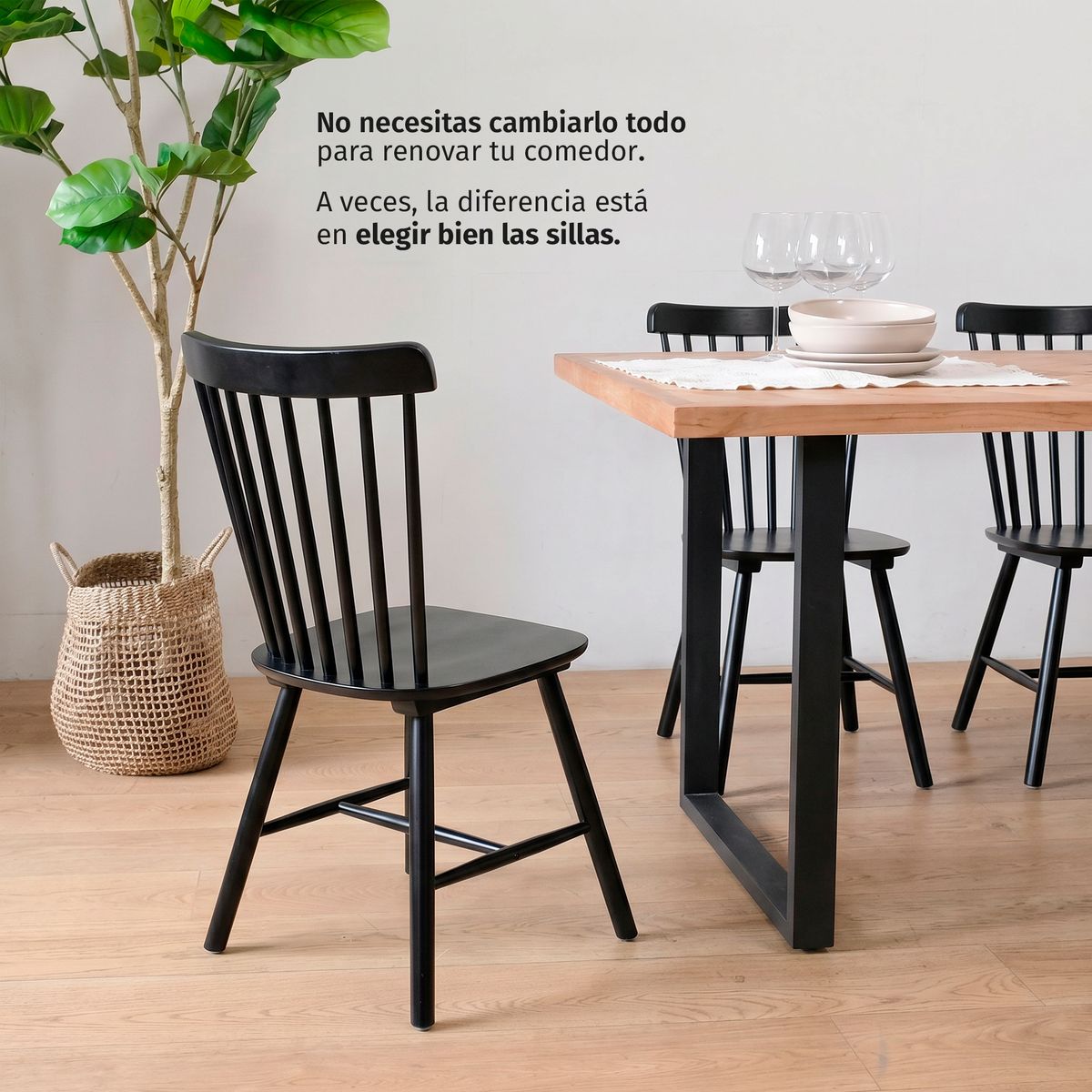 VENHOOUSE - Pack 4 Sillas Comedor Madera Maciza Windsor Estilo Nórdico Negra