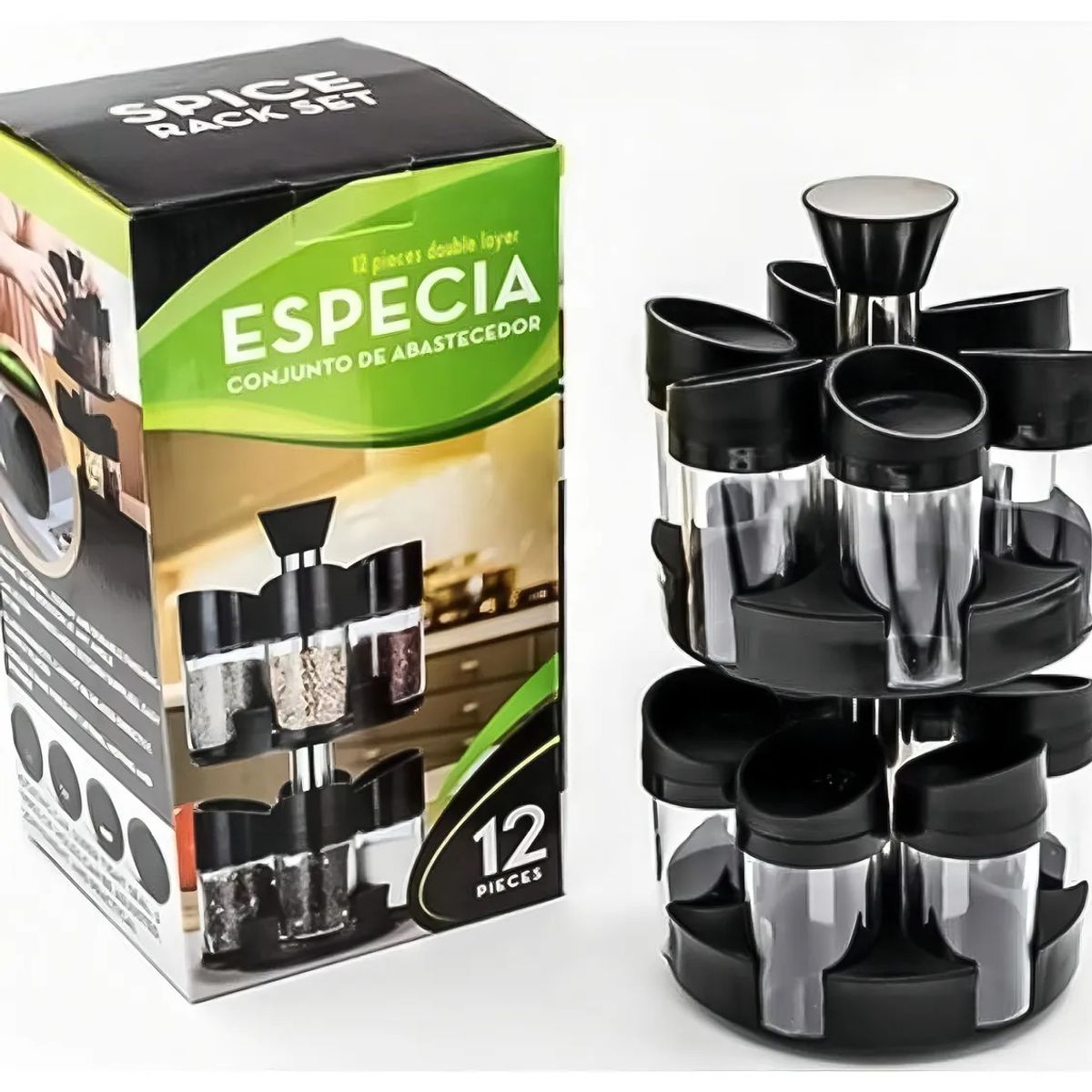 GENERICO - Especiero Giratorio 2 Niveles + Set 12 Piezas Condimenteros Negro