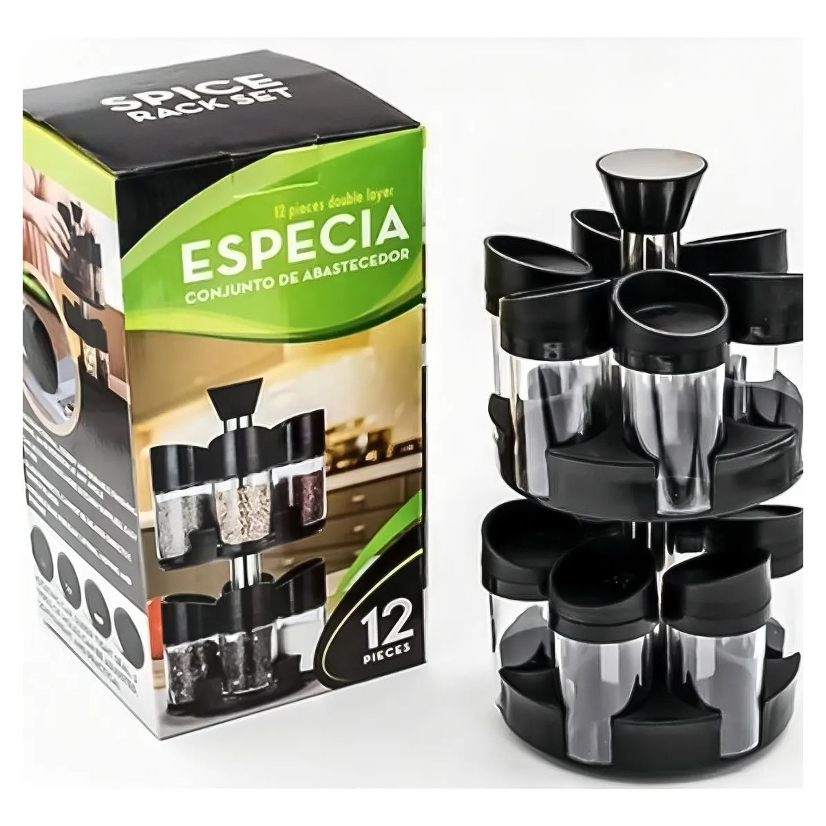 GENERICO - Especiero Giratorio 2 Niveles + Set 12 Piezas Condimenteros Negro