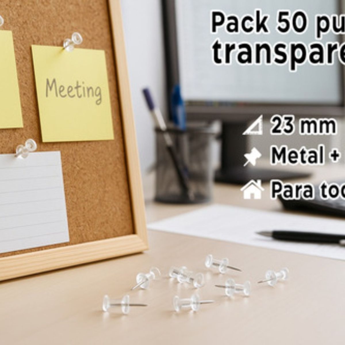 GENERICO - Pack 50 Chinchetas Push Pin Transparentes Pizarras Corcho Transparente