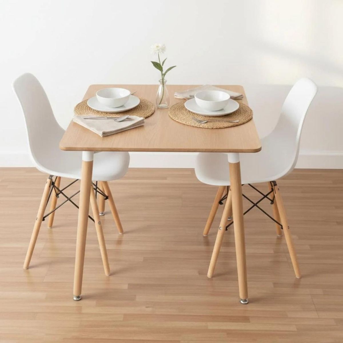 PANDALINO - Comedor Mesa Aroa Wood 80x80 cm + 2 Sillas Eames Blanca