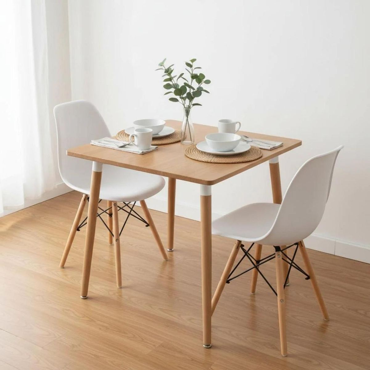 PANDALINO - Comedor Mesa Aroa Wood 80x80 cm + 2 Sillas Eames Blanca