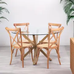 PANDALINO - Comedor Mesa Redonda Equiz 100cm + 4 Sillas Crossback Madera