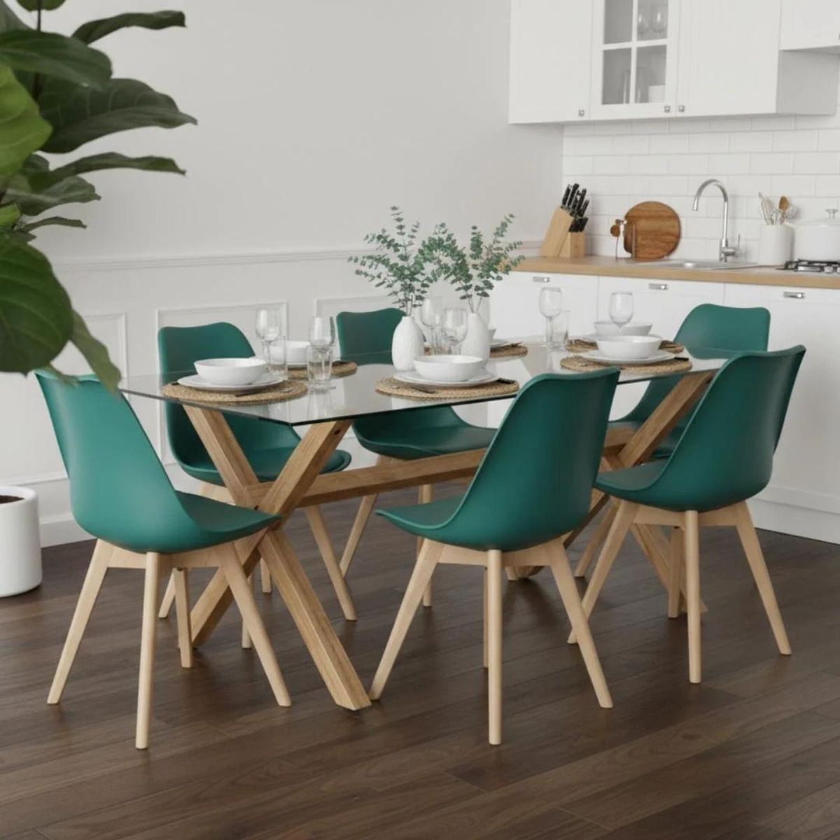 PANDALINO - Comedor Moderno Mesa Xinia 140X90 + 6 Sillas Tulip Verde Esmeralda
