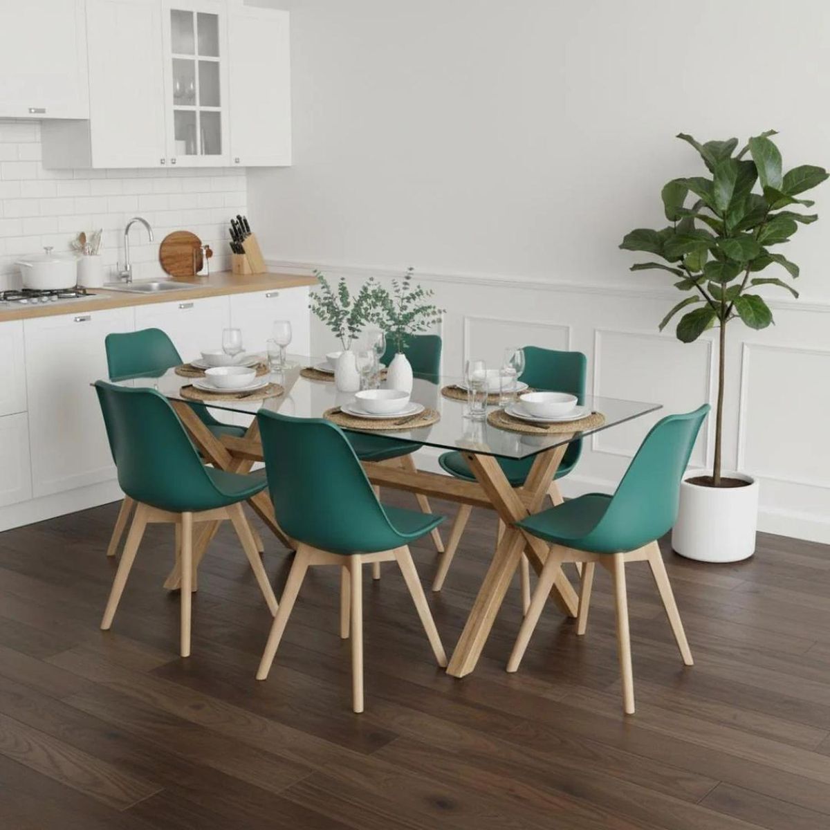 PANDALINO - Comedor Moderno Mesa Xinia 140X90 + 6 Sillas Tulip Verde Esmeralda