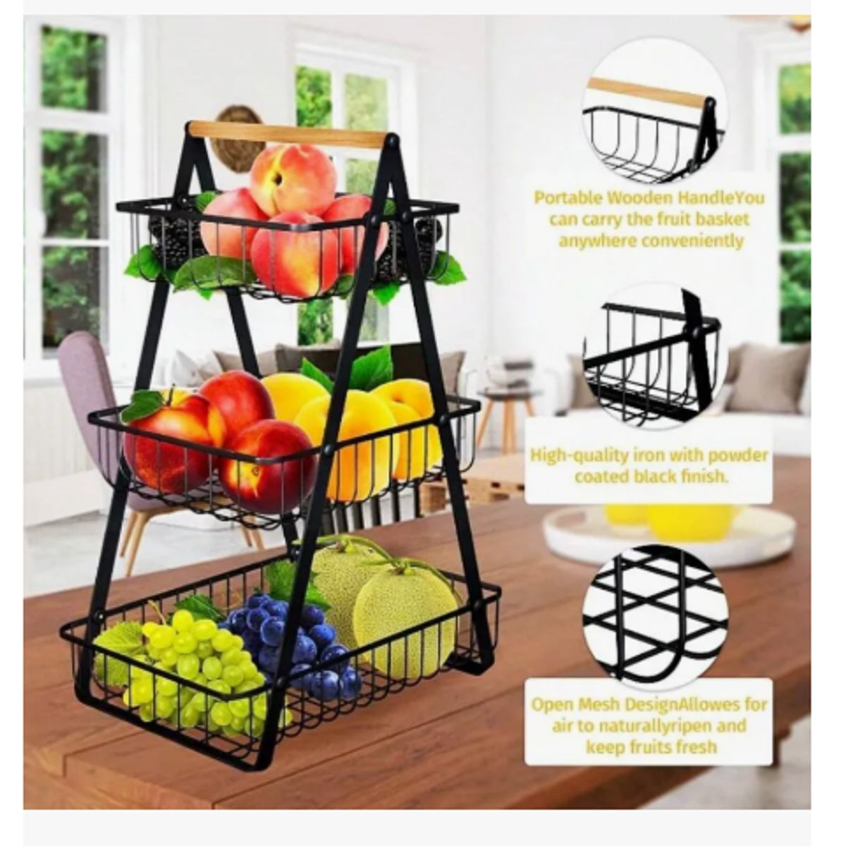 GENERICO - Cesta Frutas Vegetales Organizador Multiuso 3 Niveles Negro