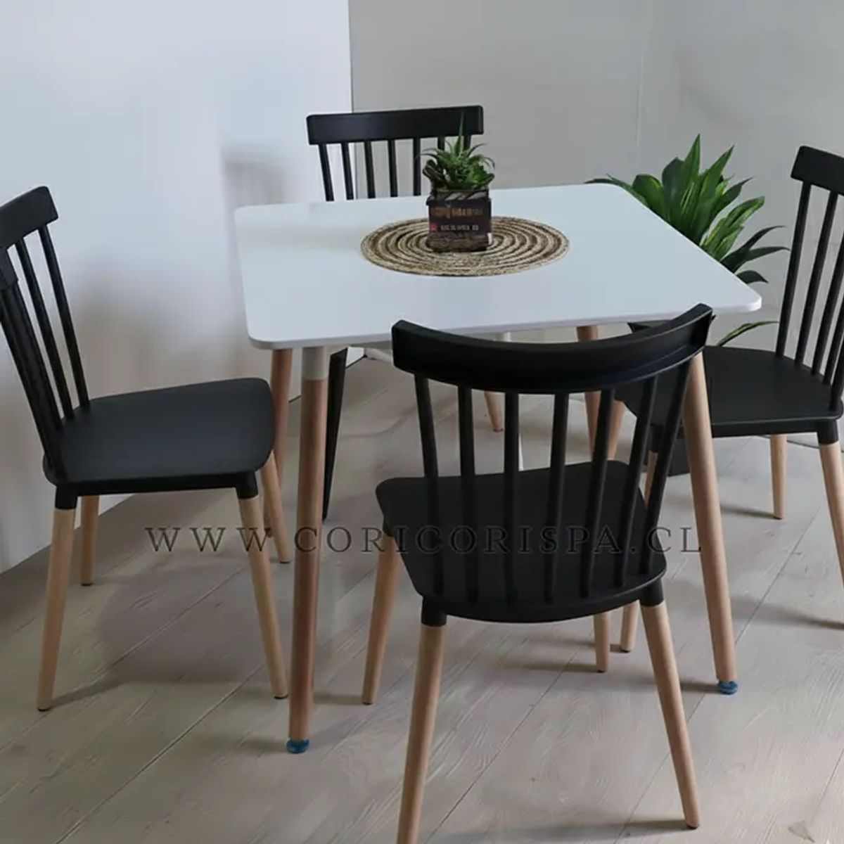 CORI CORI - Mesa Cuadrada Melamina Blanca 80x80cm + 4 Sillas Windsor