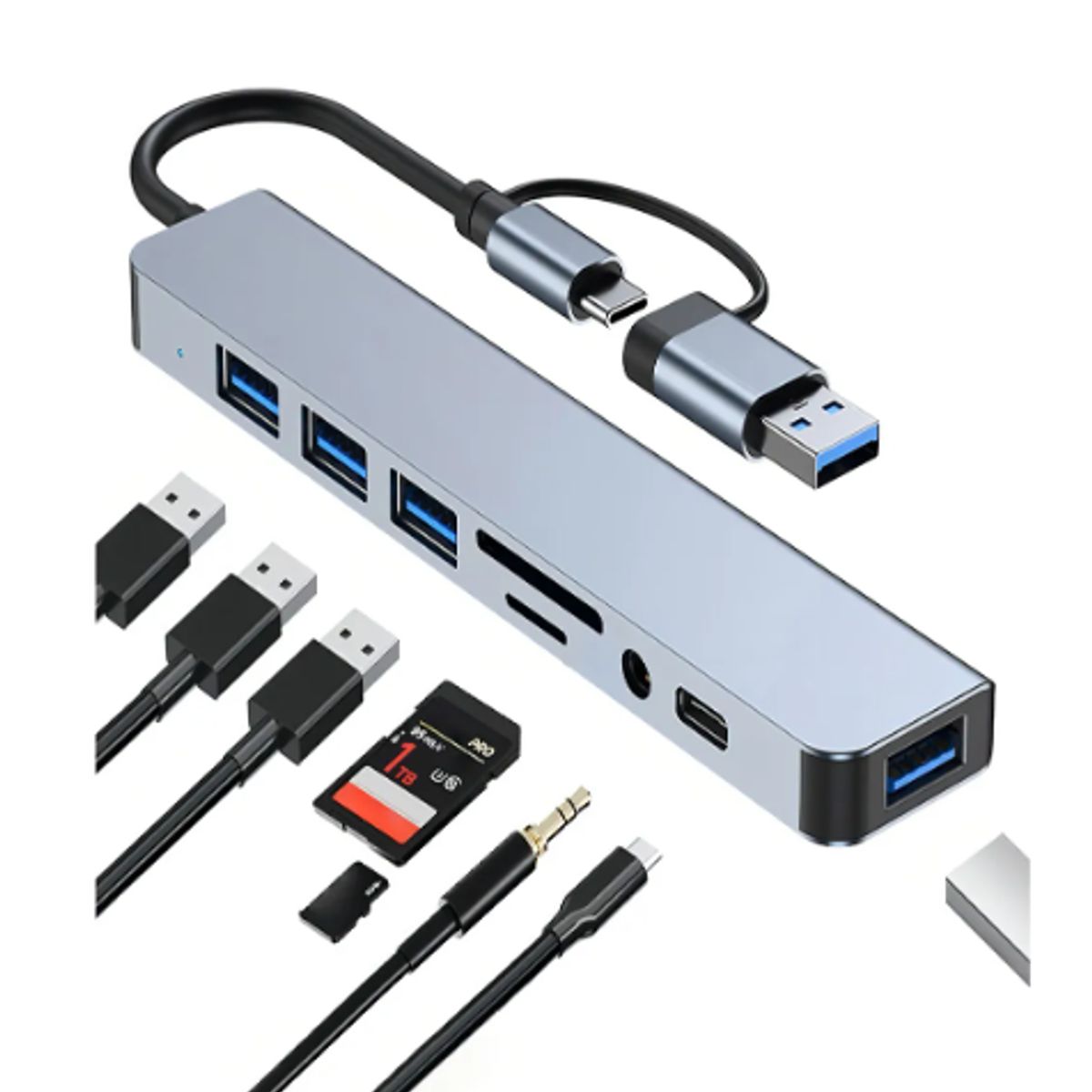 GENERICO - Hub 8 En 2 Puertos Usb C/usb2/3/sd/tf/jack Mac Notebook Pc Color Gris