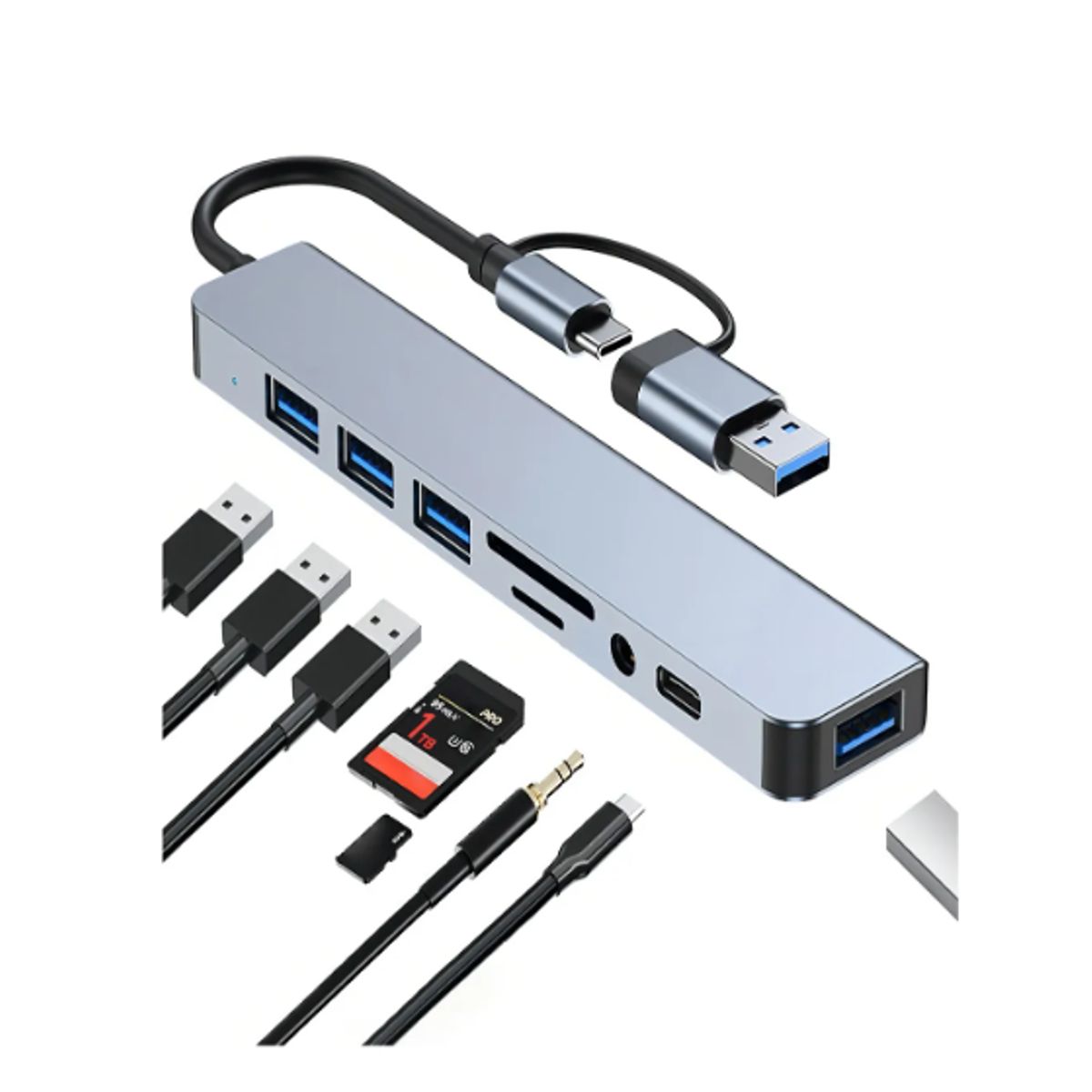 GENERICO - Hub 8 En 2 Puertos Usb C/usb2/3/sd/tf/jack Mac Notebook Pc Color Gris