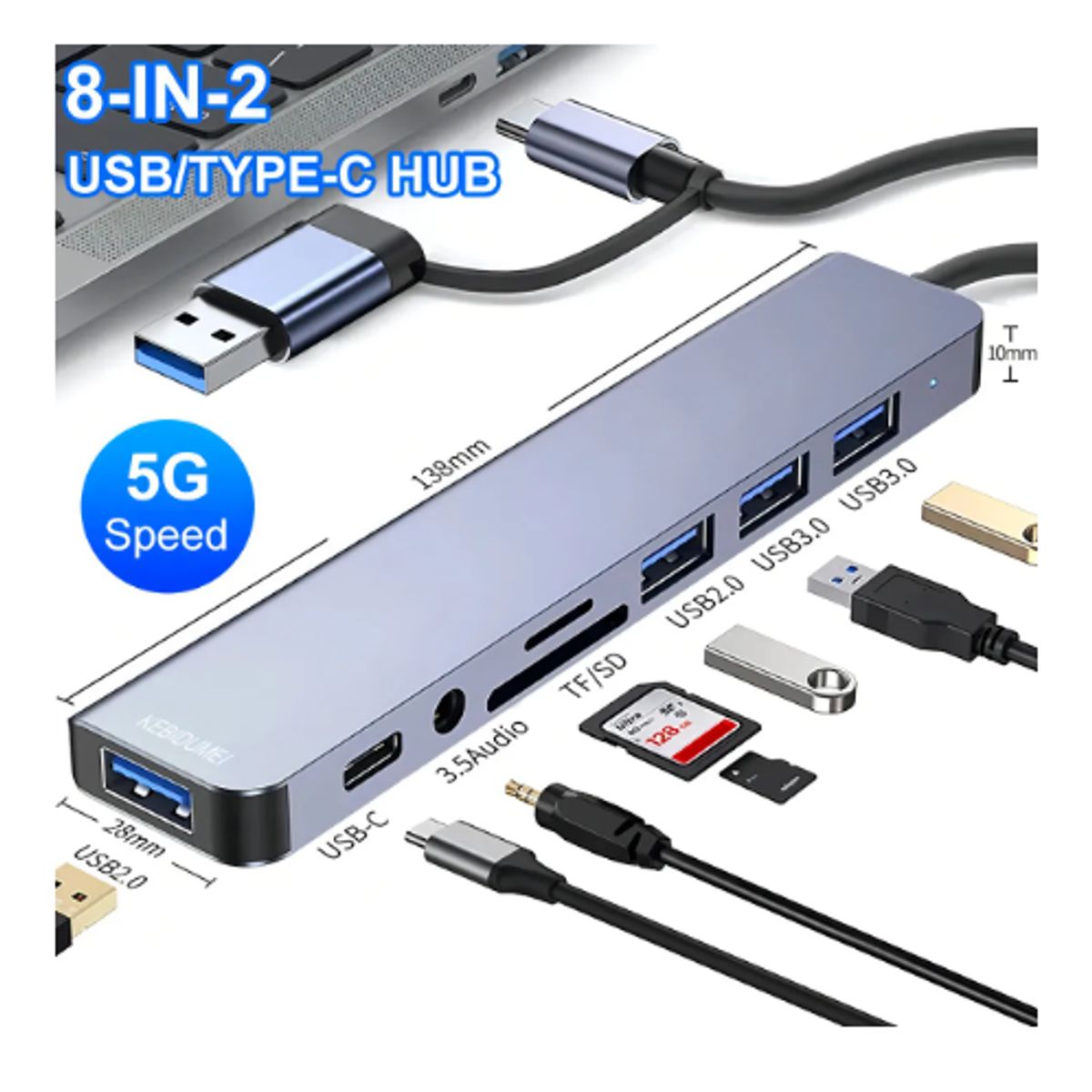 GENERICO - Hub 8 En 2 Puertos Usb C/usb2/3/sd/tf/jack Mac Notebook Pc Color Gris